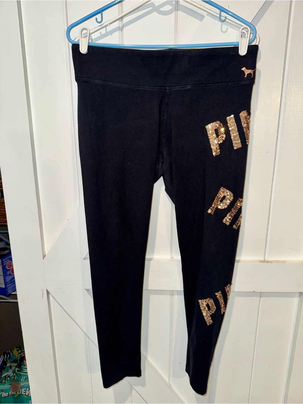 PINK Victoria’s Secret Black Rose Gold Sequin Bling Yoga Leggings L